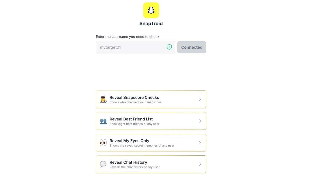 A screenshot of the Snaptroid panel revealing the recent chat history and sent images of a target user.